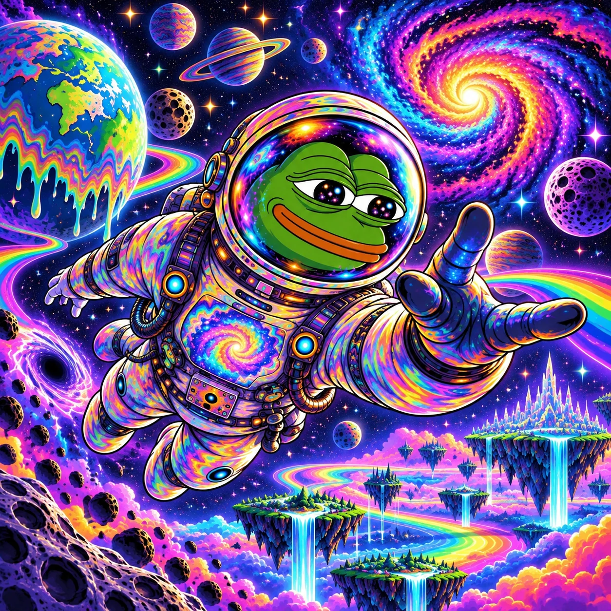 Triponaut Pepe floating through a psychedelic universe